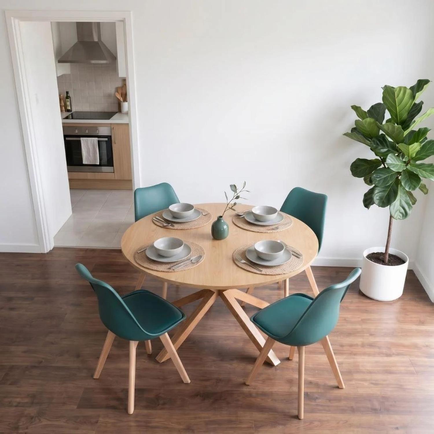 Comedor Mesa Redonda Equiz Wood 100cm + 4 Sillas Tulip Verde Esmeralda-1