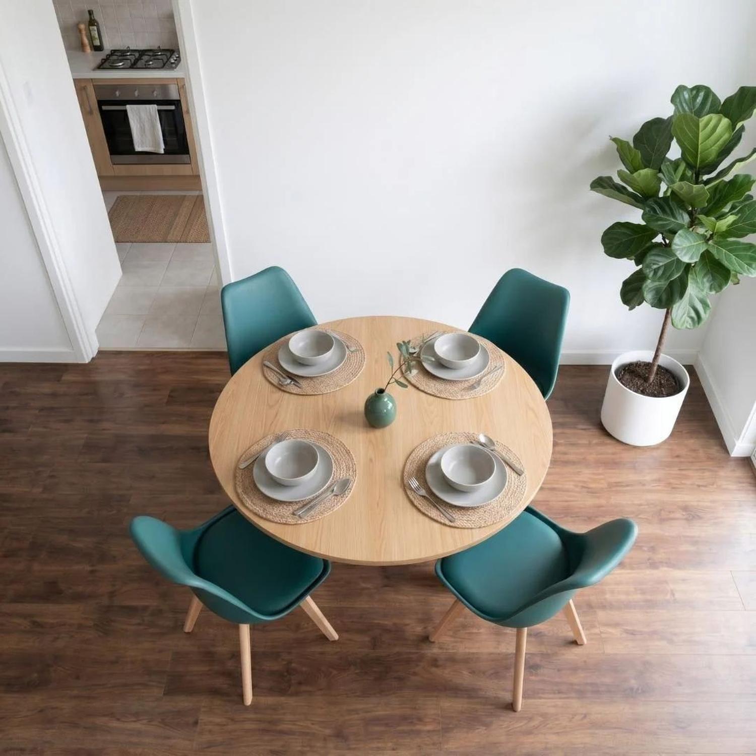 Comedor Mesa Redonda Equiz Wood 100cm + 4 Sillas Tulip Verde Esmeralda-3