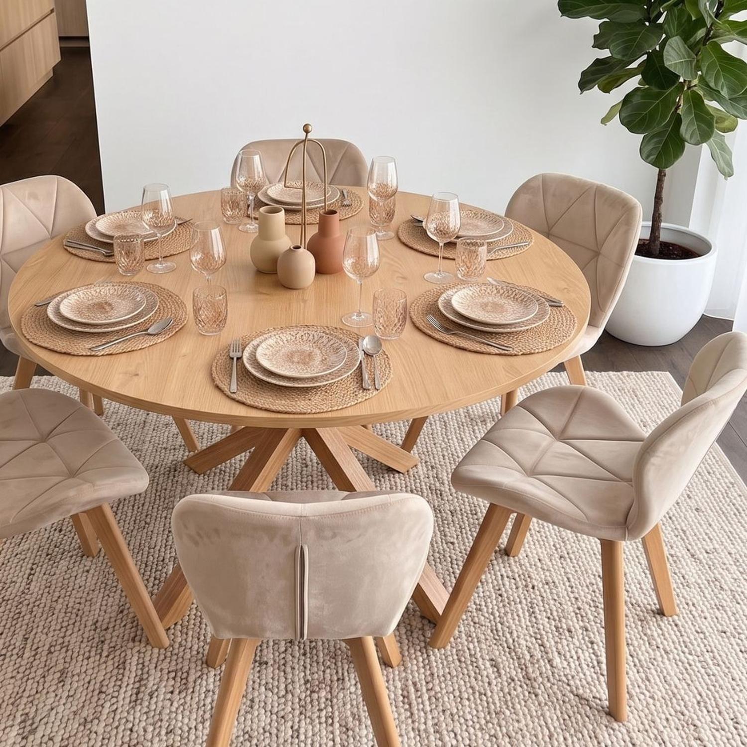 Comedor Mesa Redonda Equiz Wood 120cm + 6 Sillón Rubik Velvet Beige-3