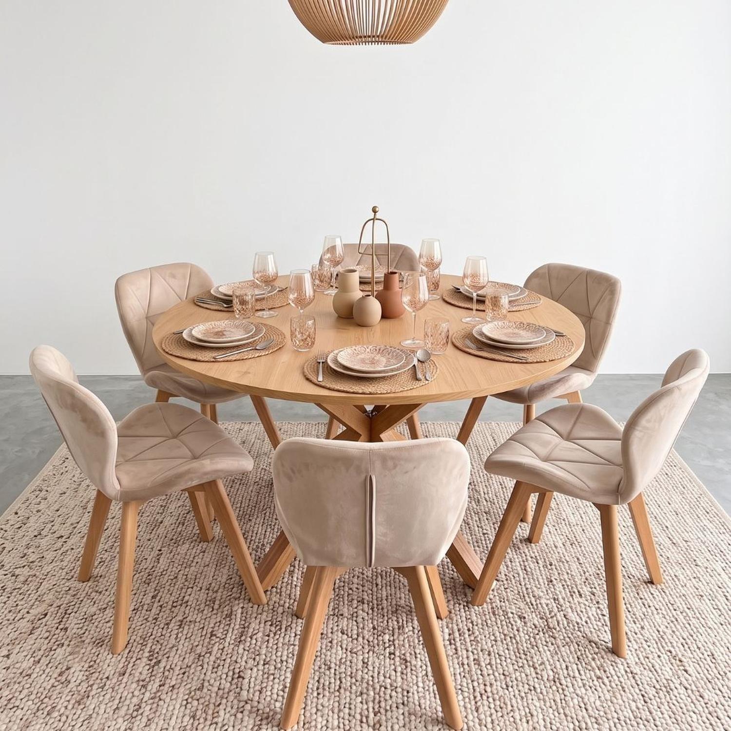 Comedor Mesa Redonda Equiz Wood 120cm + 6 Sillón Rubik Velvet Beige-5