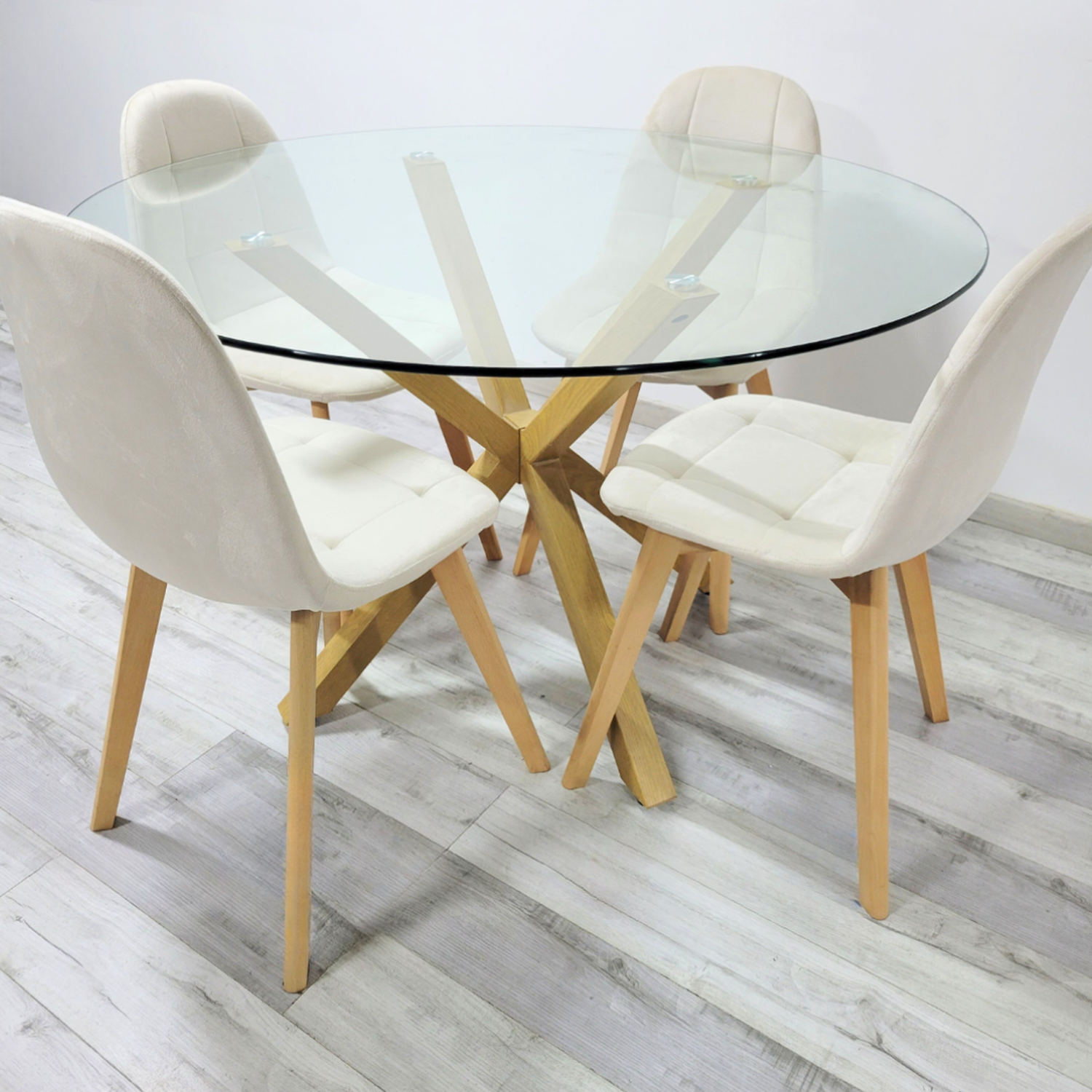 Comedor Mesa Redonda Equiz 120cm + 4 Sillas Vorak Beige | Elegante |-0