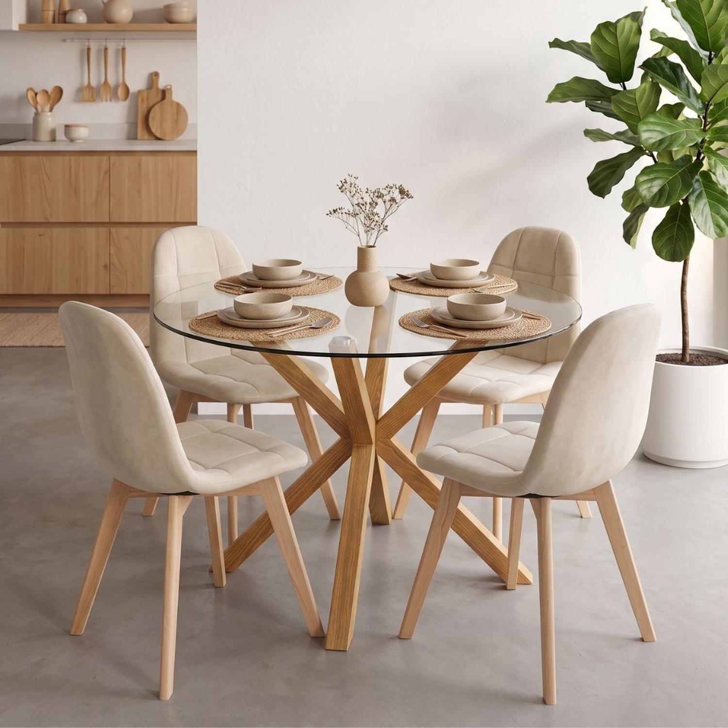 Comedor Mesa Redonda Equiz 100cm + 4 Sillas Vorak Beige | Elegante-0