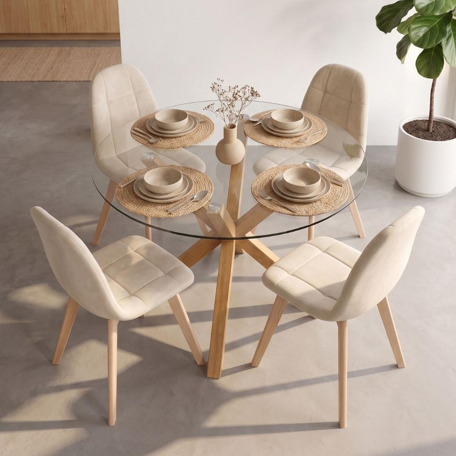 Comedor Mesa Redonda Equiz 100cm + 4 Sillas Vorak Beige | Elegante-1