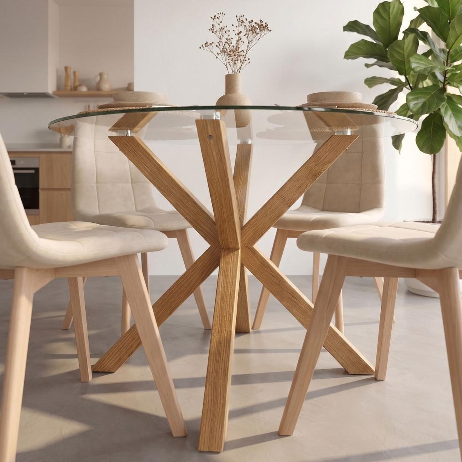 Comedor Mesa Redonda Equiz 100cm + 4 Sillas Vorak Beige | Elegante-2