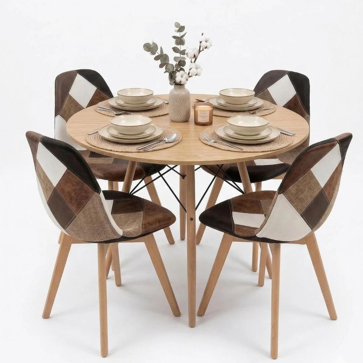 Comedor Redonda Shanna 100cm + 4 Silla Patchwork Da Vinci Café-3