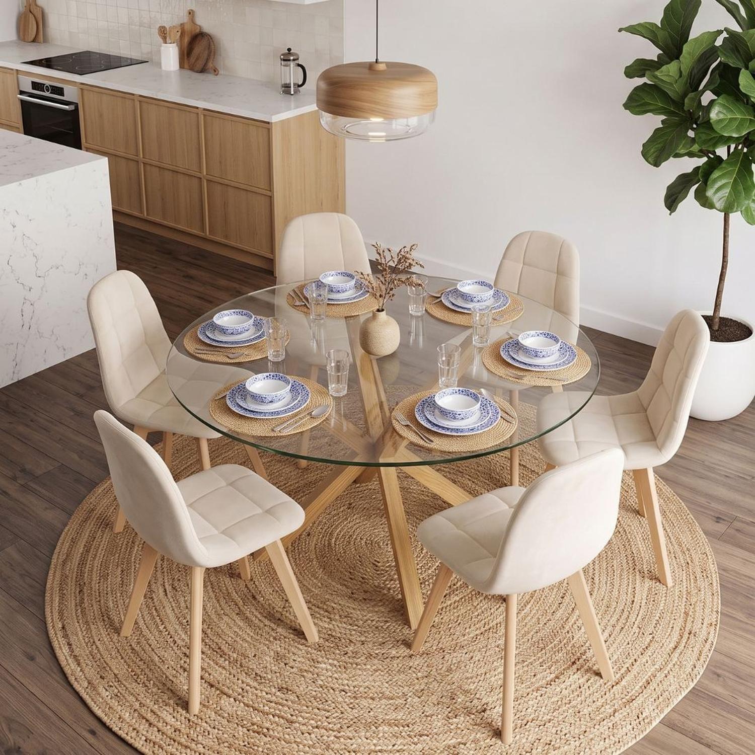 Comedor Mesa Redonda Equiz 120cm + 6 Sillas Vorak Velvet Beige-1