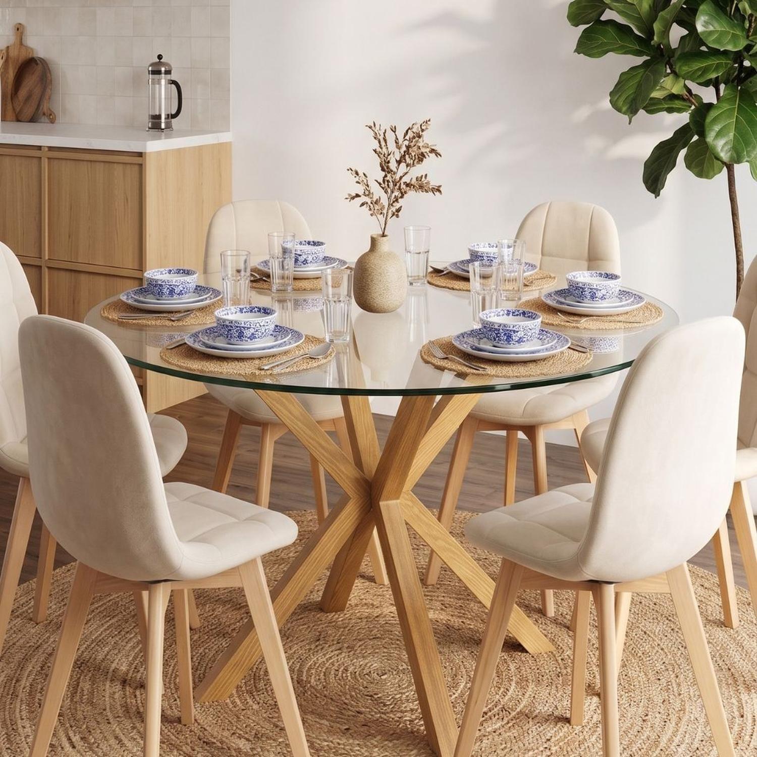 Comedor Mesa Redonda Equiz 120cm + 6 Sillas Vorak Velvet Beige-2