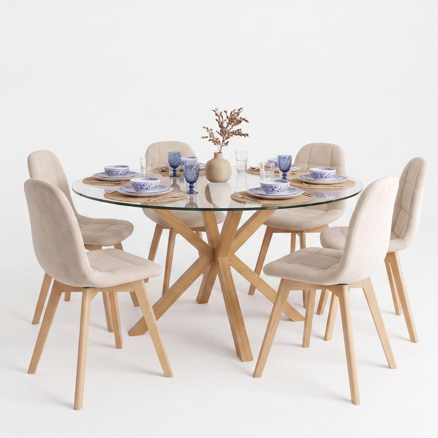 Comedor Mesa Redonda Equiz 120cm + 6 Sillas Vorak Velvet Beige-4