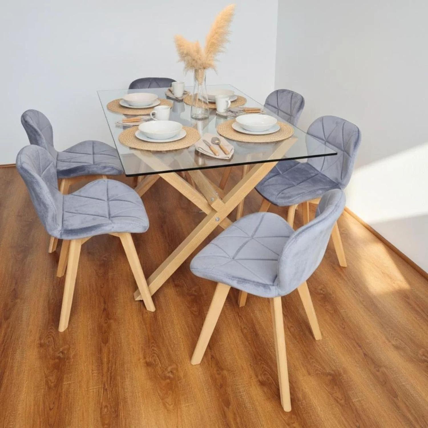 Comedor Moderno Mesa Xinia 140x90 + 6 Sillones Rubik Velvet Gris-2