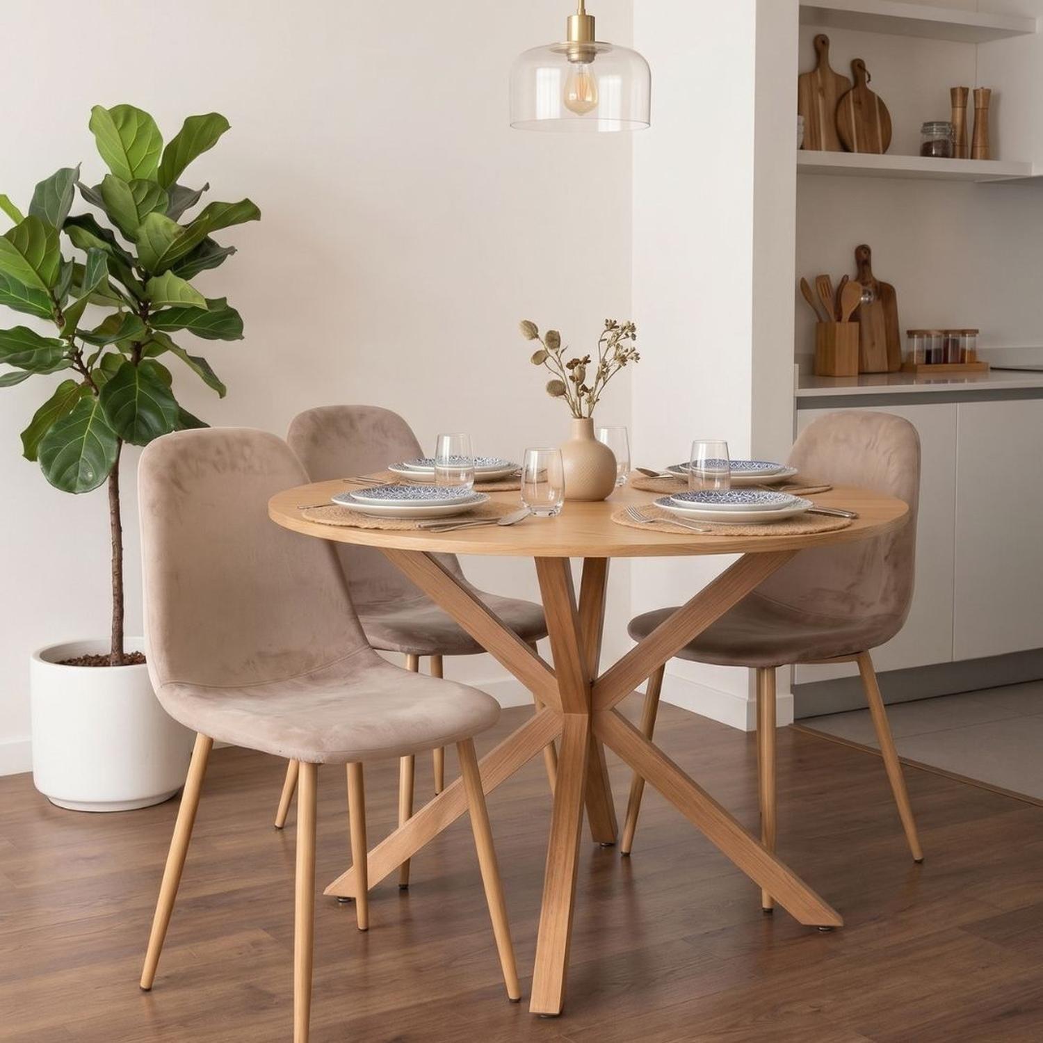 Comedor Mesa Redonda Equiz Wood 100cm + 4 Sillas Isy Arena-3