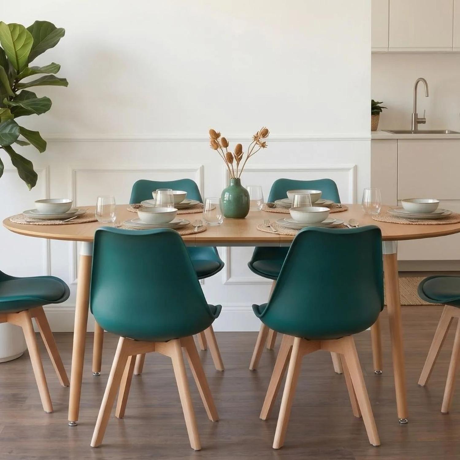 Comedor Extensible Bayona Wood 100-180cm + 4 Sillas Tulip Verde Esmeralda-3
