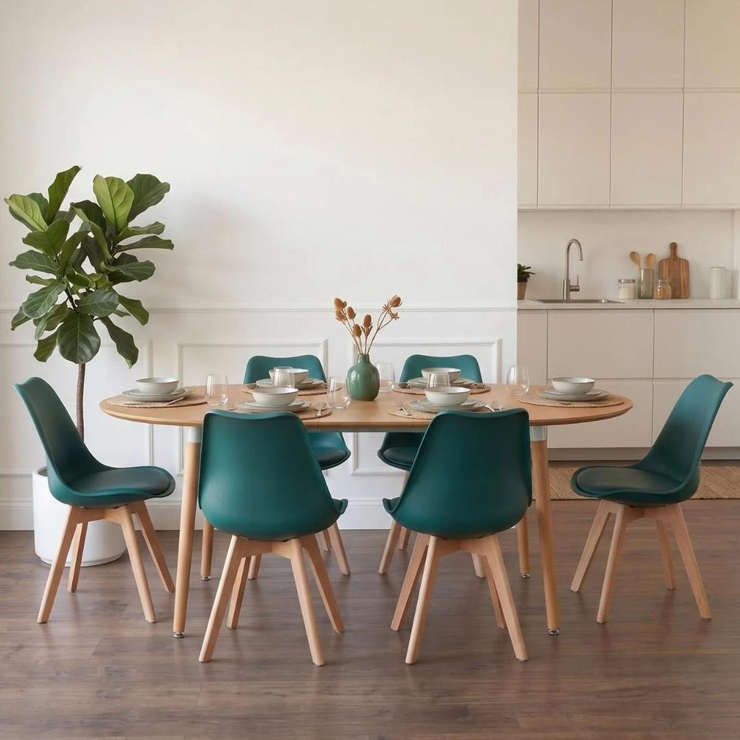 Comedor Extensible Bayona Wood 100-180cm + 4 Sillas Tulip Verde Esmeralda-5