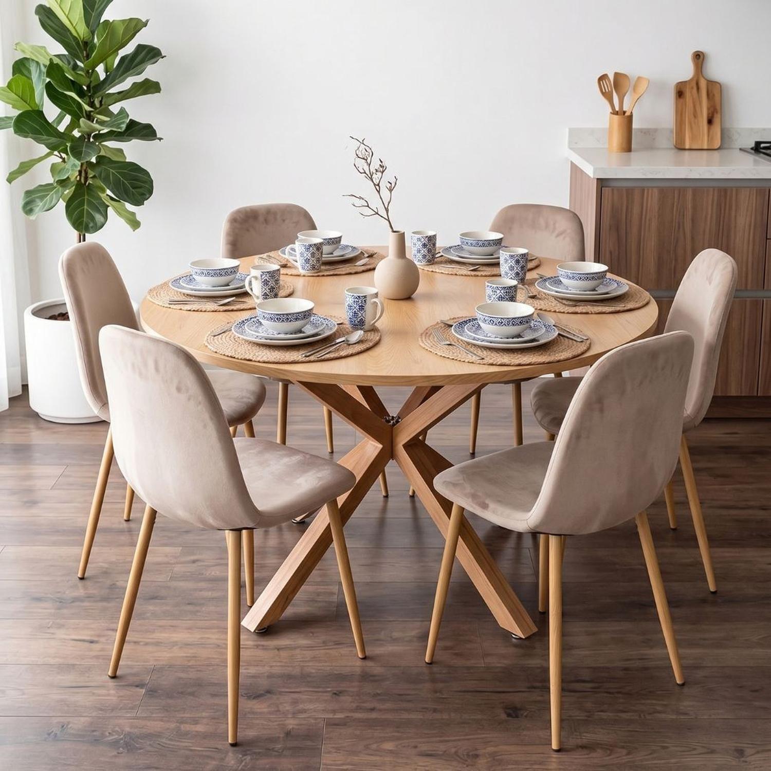 Comedor Mesa Redonda Equiz Wood 120cm + 6 Sillas Isy Arena-0