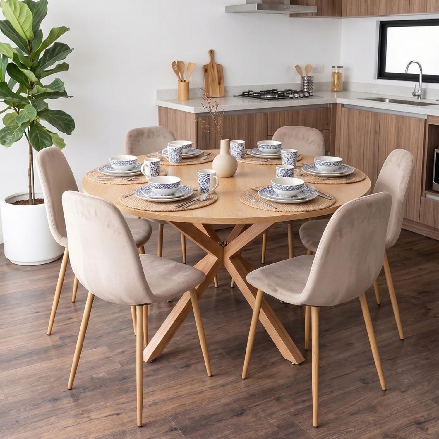Comedor Mesa Redonda Equiz Wood 120cm + 6 Sillas Isy Arena-1