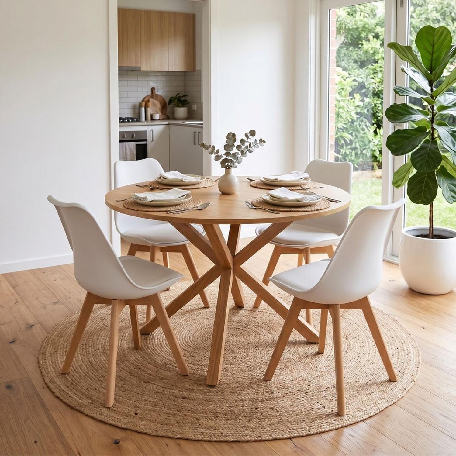 Comedor Mesa Redonda Equiz Wood 100cm | Base X + 4 Sillas Tulip Blancas-0