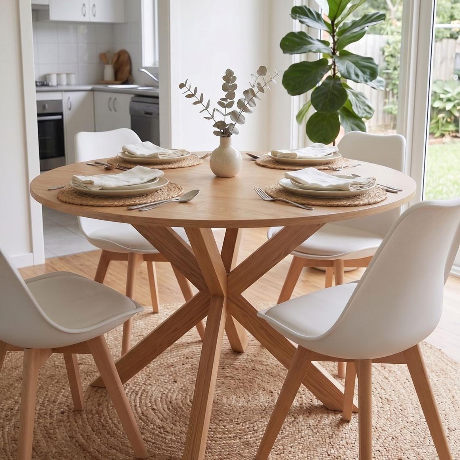 Comedor Mesa Redonda Equiz Wood 100cm | Base X + 4 Sillas Tulip Blancas-2