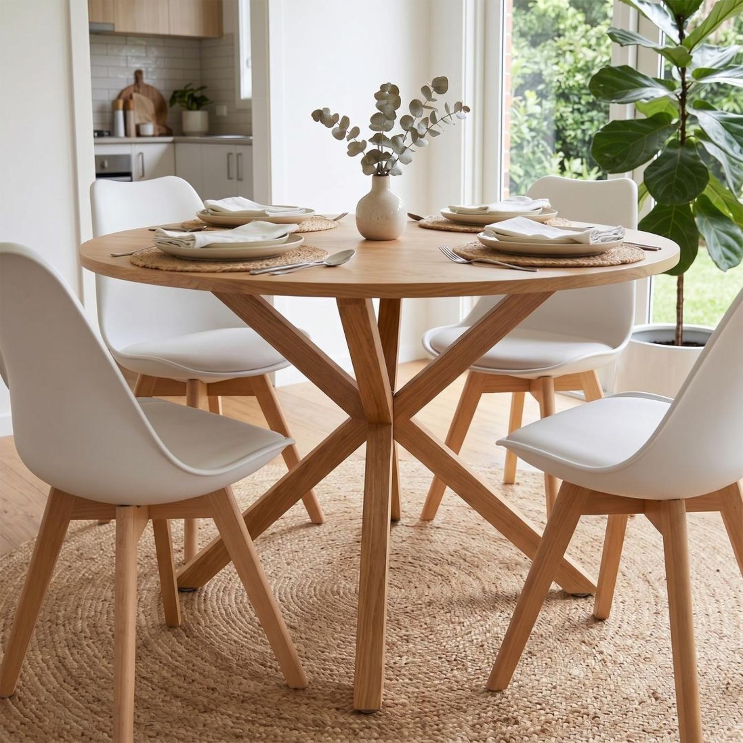 Comedor Mesa Redonda Equiz Wood 100cm | Base X + 4 Sillas Tulip Blancas-3