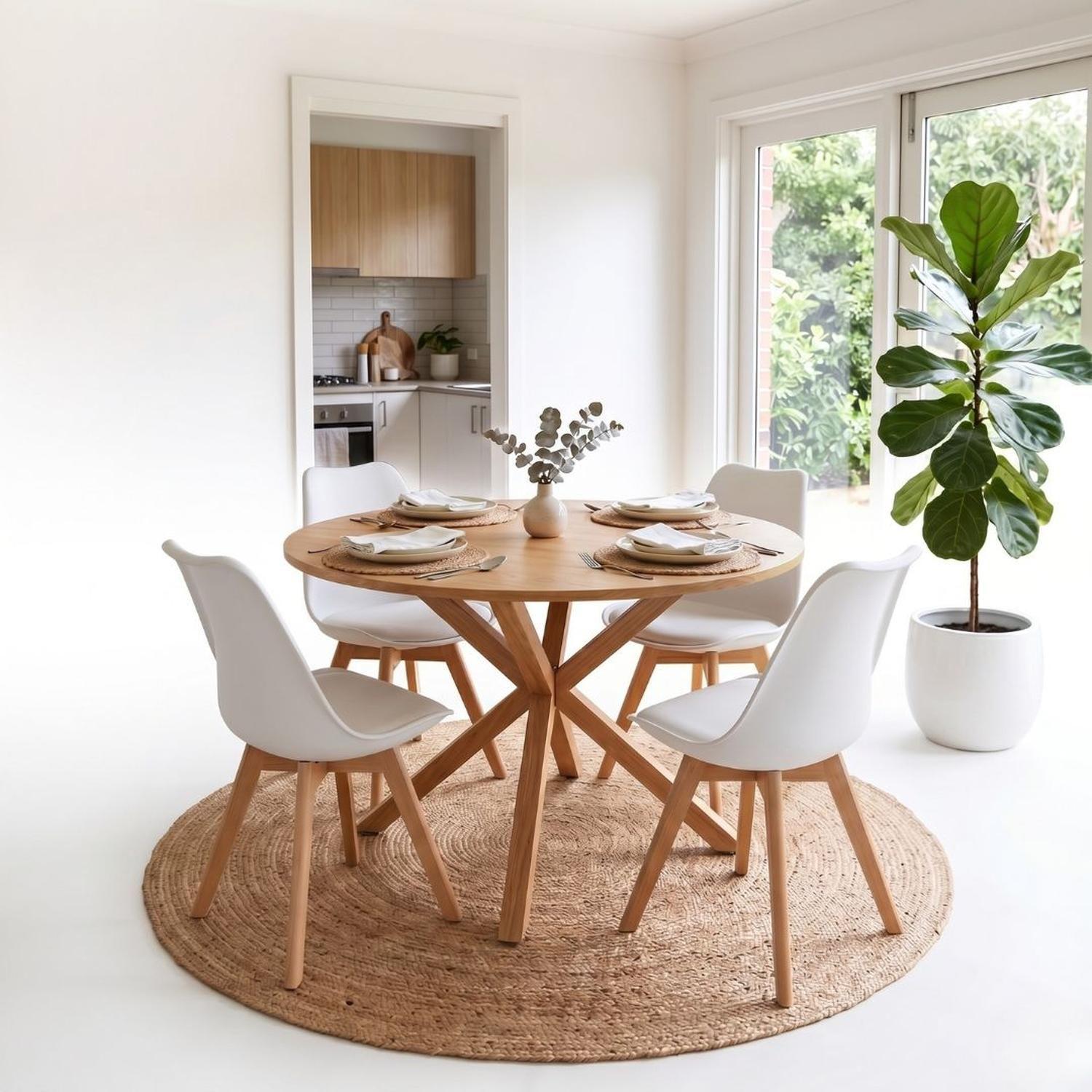 Comedor Mesa Redonda Equiz Wood 100cm | Base X + 4 Sillas Tulip Blancas-4