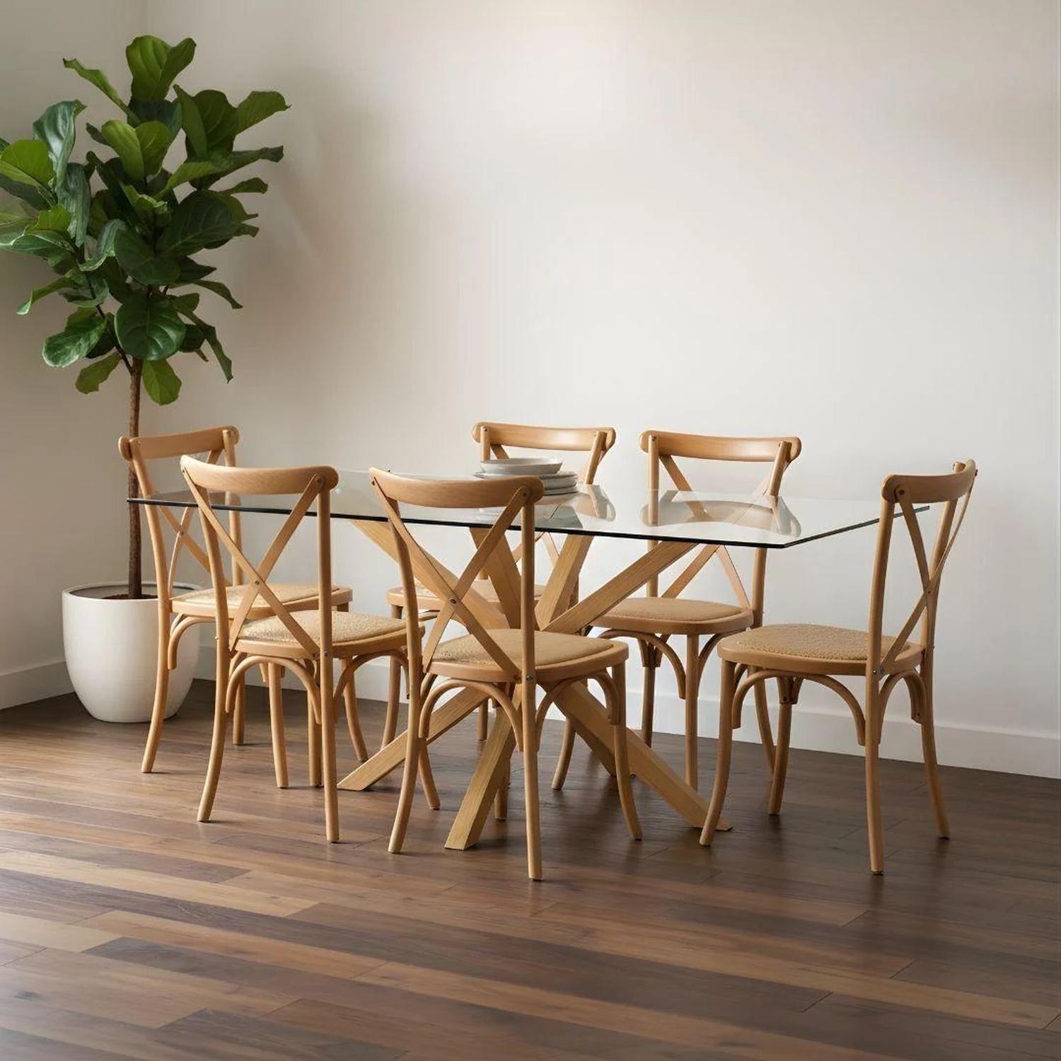 Comedor Mesa Rectangular Greta 160x90 + 6 Sillas Crossback Madera Natural-3