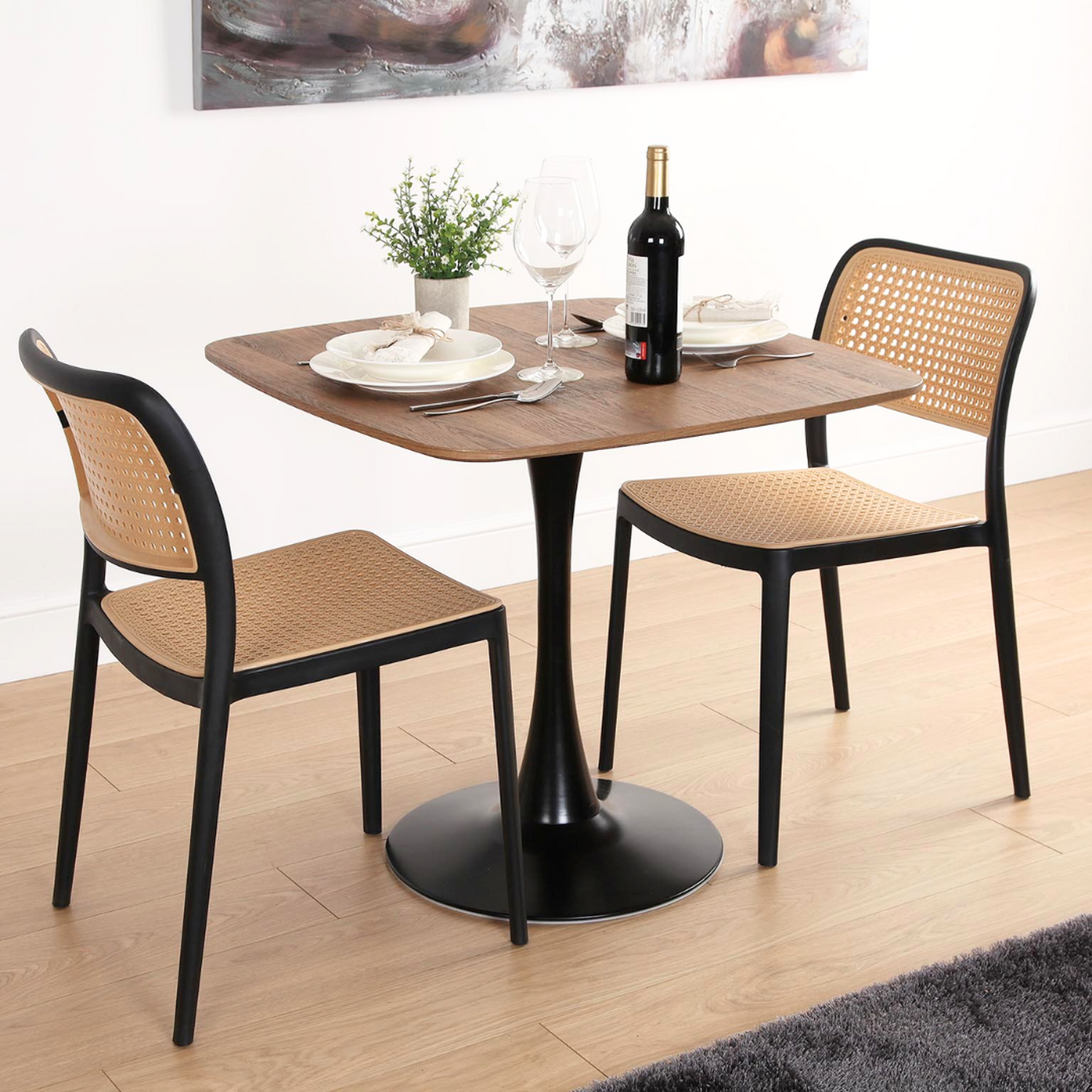 Comedor Mesa Tulip 90x90 cm + 2 Sillas Feronia Negra | Diseño Compacto-0