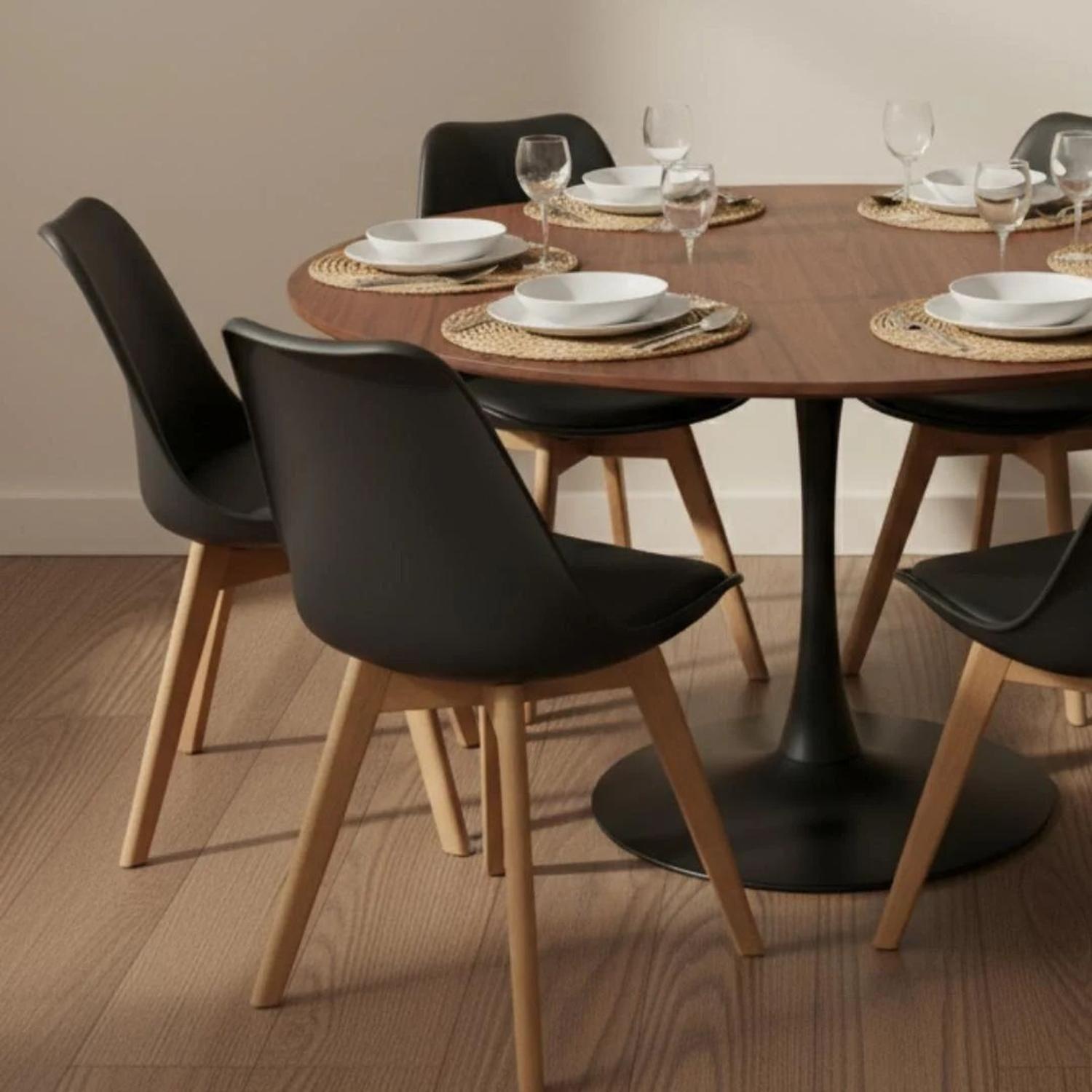 Comedor Mesa Tulip 120 cm (Cubierta Efecto Madera Oscura) + 6 Sillas Tulip Negro-2