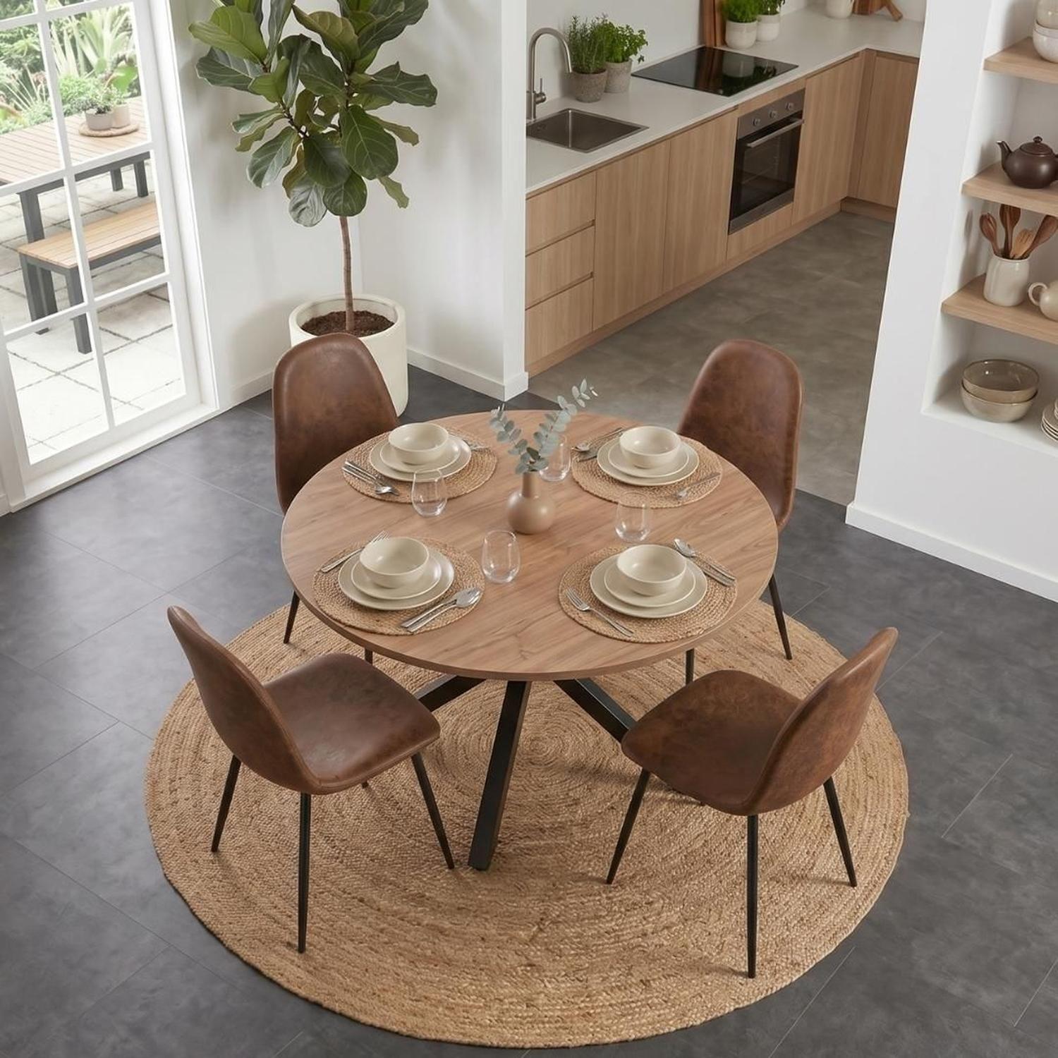 Comedor Mesa Redonda Equiz 100cm Madera | Base X Negro + 4 Sillas Isidora-2