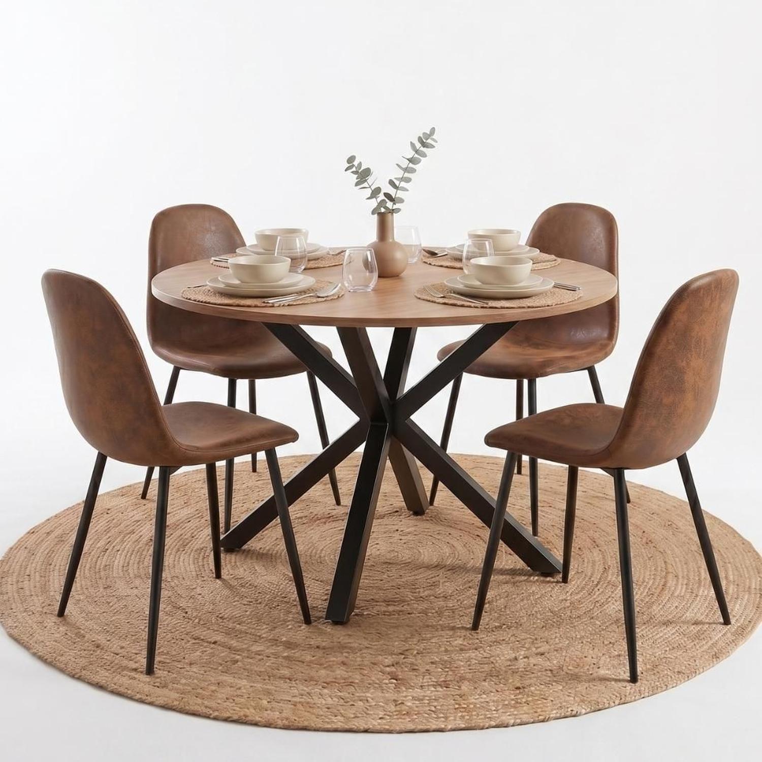 Comedor Mesa Redonda Equiz 100cm Madera | Base X Negro + 4 Sillas Isidora-6