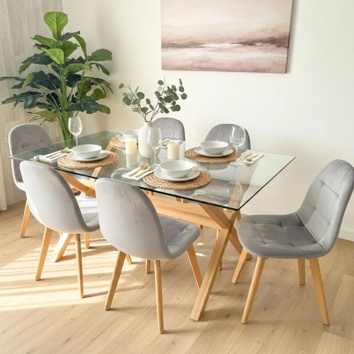 Comedor Mesa Xinia 140x90 + 6 Sillas Vorak Velvet Gris-0
