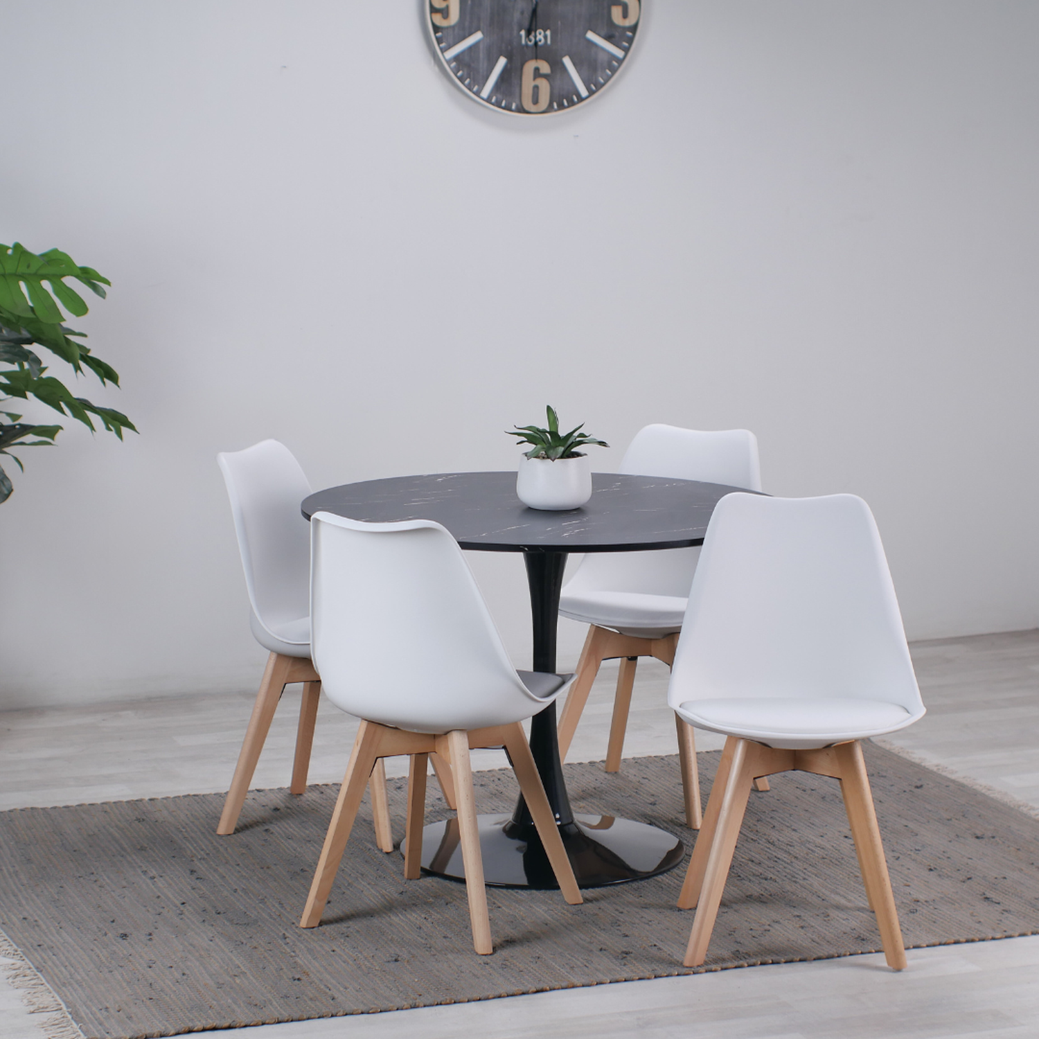 Comedor Mesa Tulip Redonda 100cm Negra + 4 Sillas Tulip Blancas-2