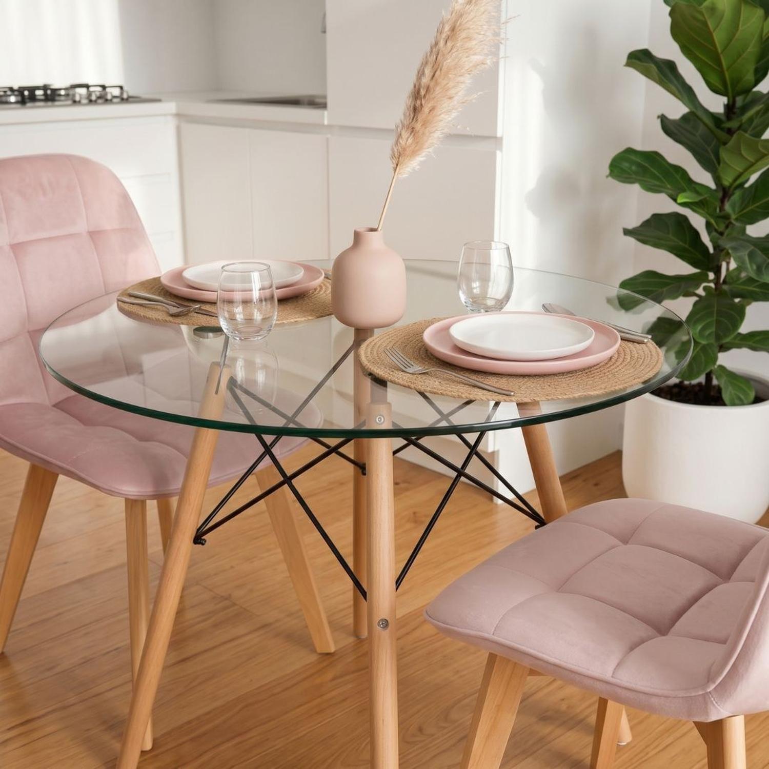 Comedor Mesa Redonda Elida 80cm + 2 Sillón Vorak Velvet Rosada-2