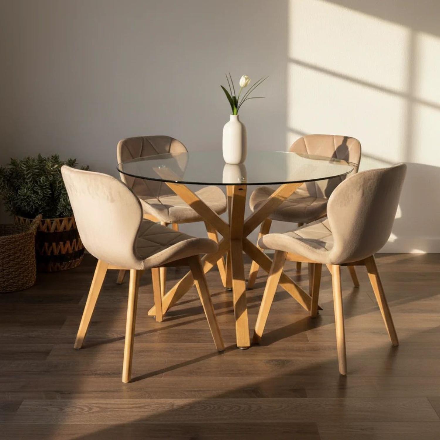 Comedor Mesa Redonda Equiz 100cm + 4 Sillas Rubik Beige Velvet-2