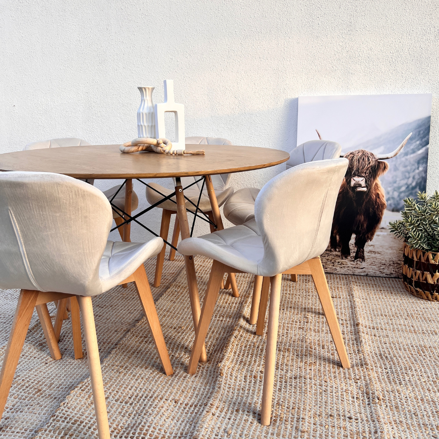 Comedor Mesa Shanna 120cm + 6 Sillones Rubik Beige Velvet-2