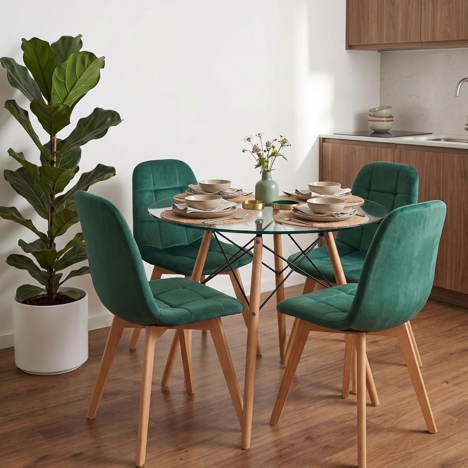 Comedor Mesa Redonda Elida 100cm + 4 Sillón Vorak Velvet Verde Esmeralda-0