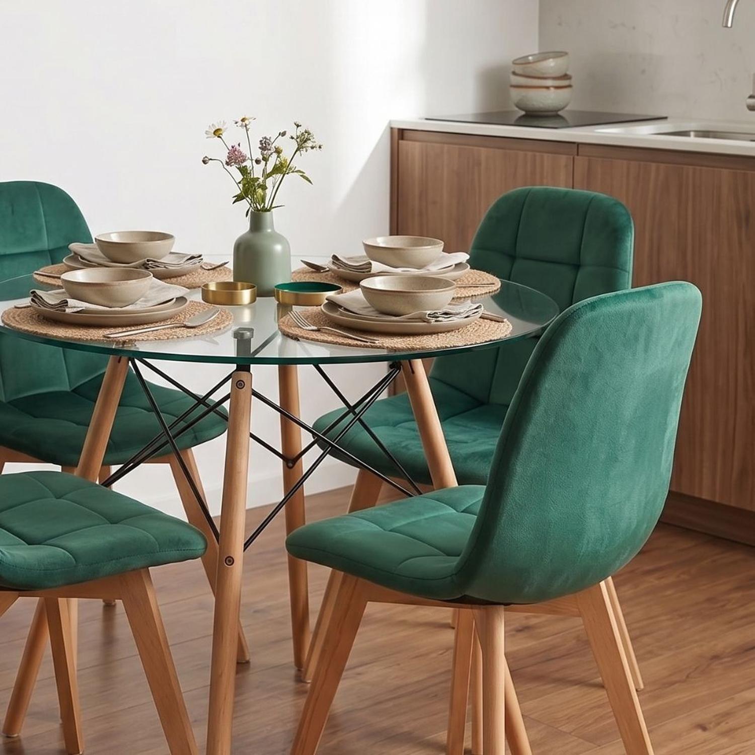 Comedor Mesa Redonda Elida 100cm + 4 Sillón Vorak Velvet Verde Esmeralda-1