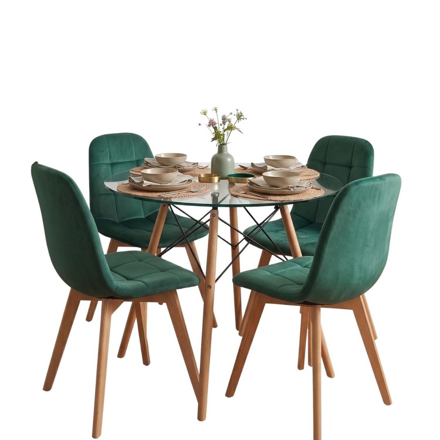Comedor Mesa Redonda Elida 100cm + 4 Sillón Vorak Velvet Verde Esmeralda-2