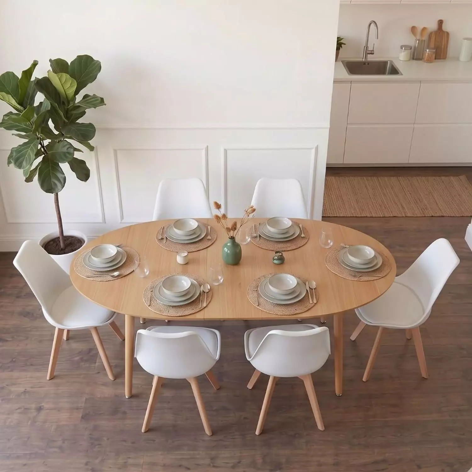 Comedor Extensible Bayona Wood 100-180cm + 4 Sillas Tulip Blanco-3