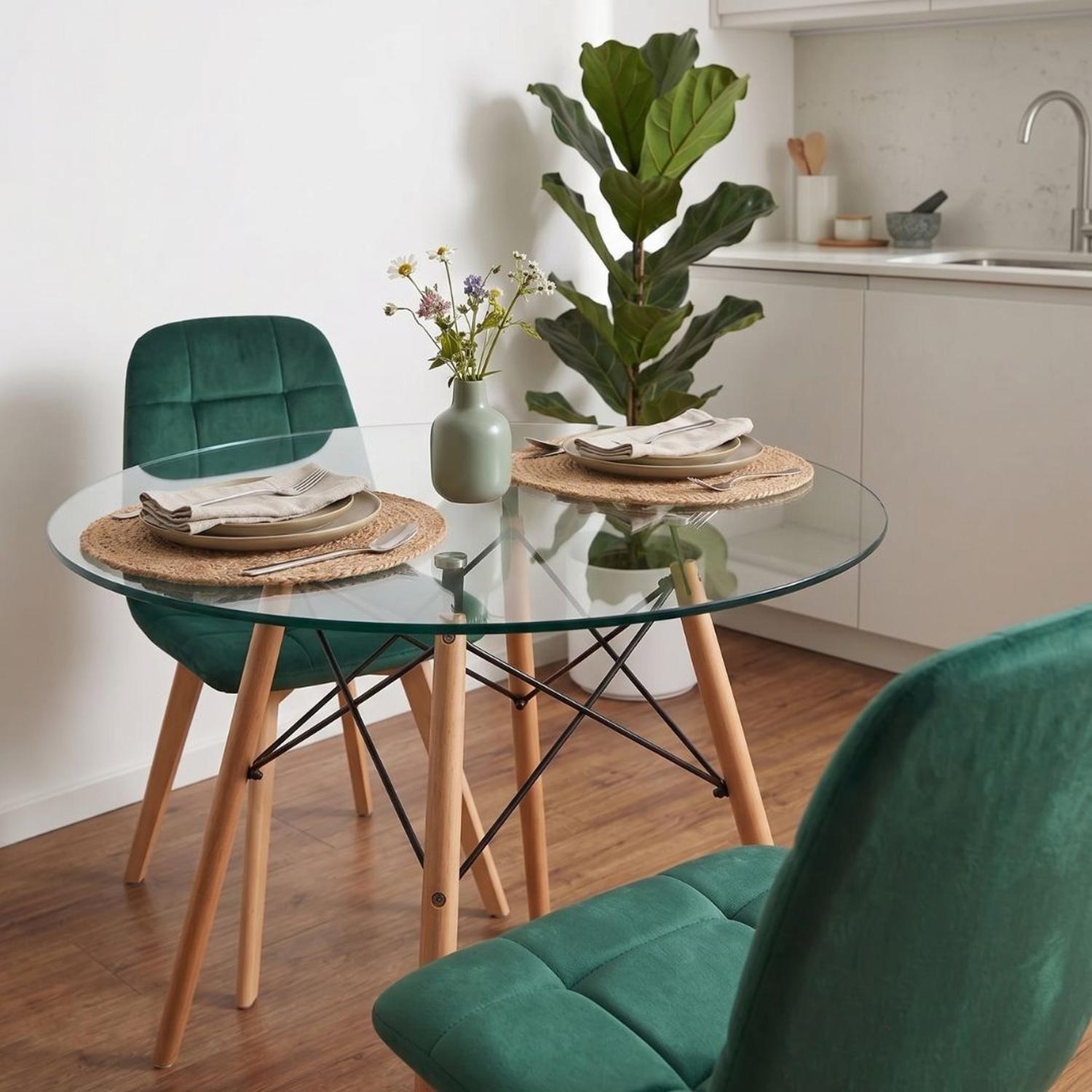 Comedor Mesa Redonda Elida 80cm + 2 Sillón Vorak Velvet Verde Esmeralda-1