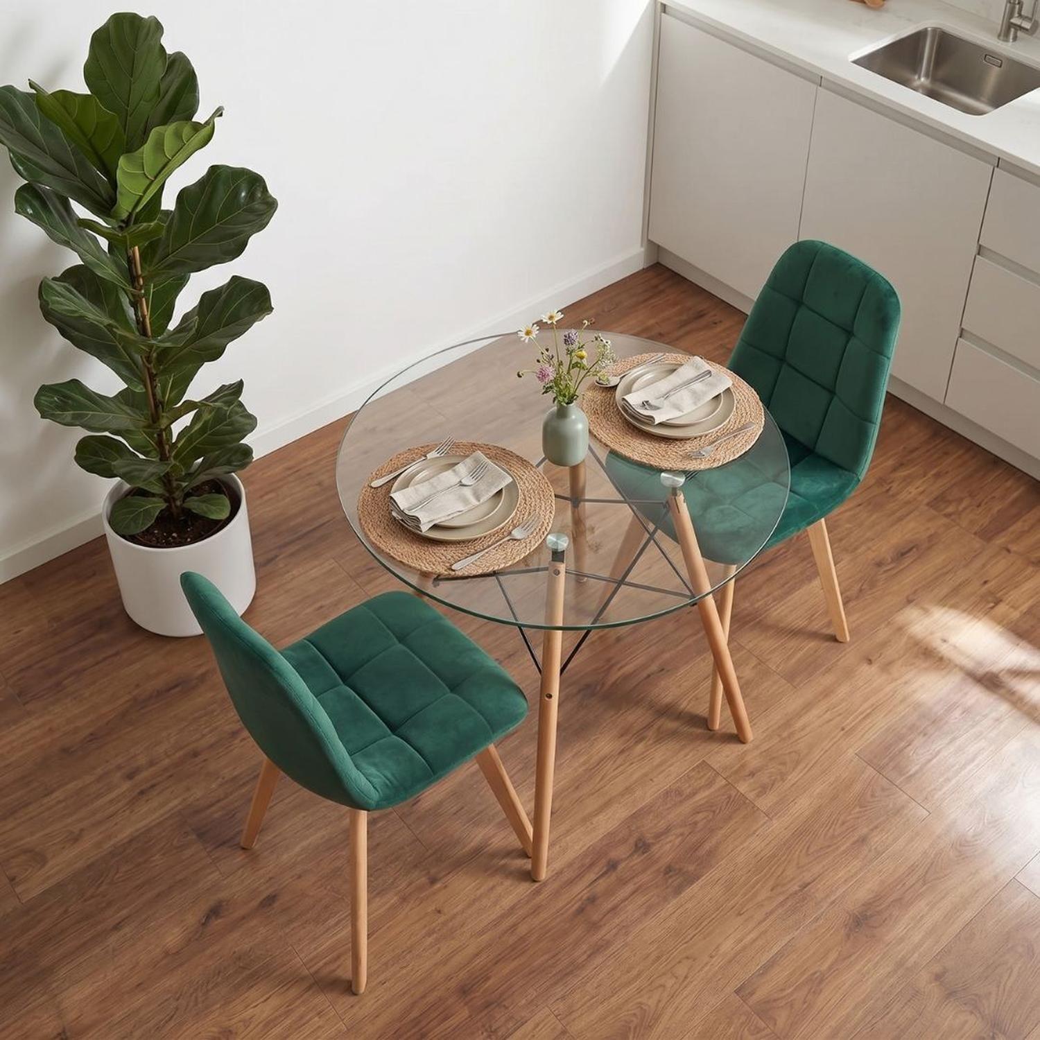 Comedor Mesa Redonda Elida 80cm + 2 Sillón Vorak Velvet Verde Esmeralda-2