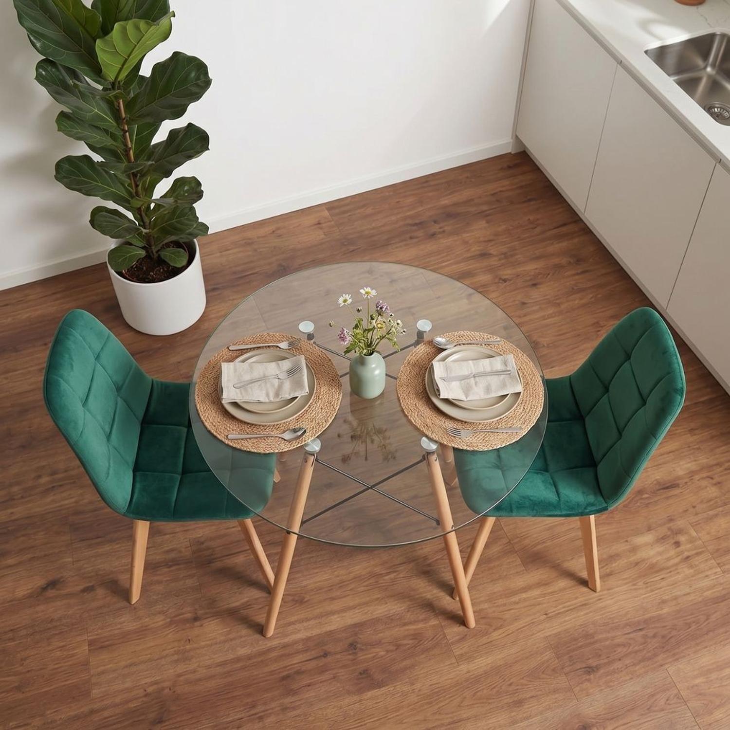 Comedor Mesa Redonda Elida 80cm + 2 Sillón Vorak Velvet Verde Esmeralda-3