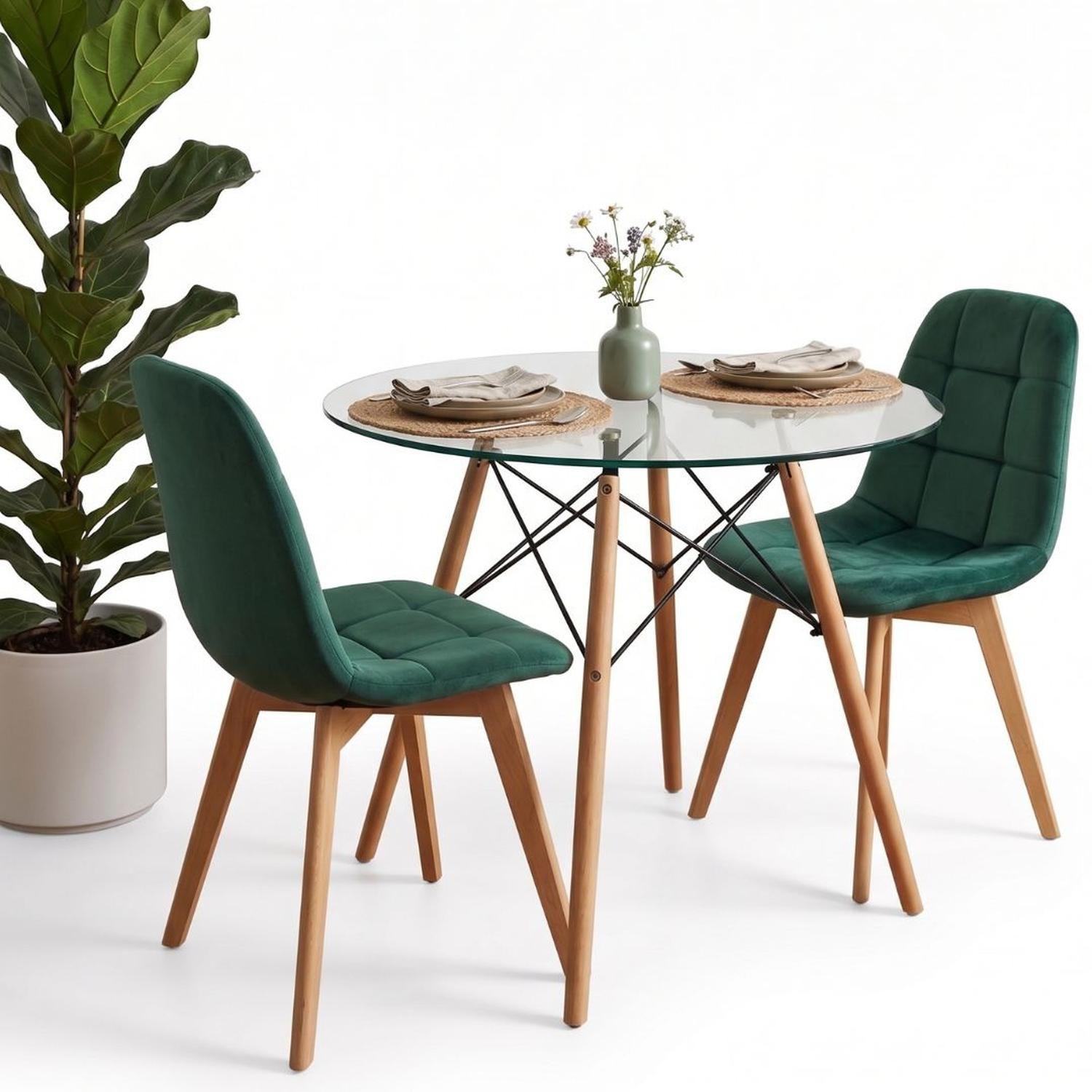 Comedor Mesa Redonda Elida 80cm + 2 Sillón Vorak Velvet Verde Esmeralda-4