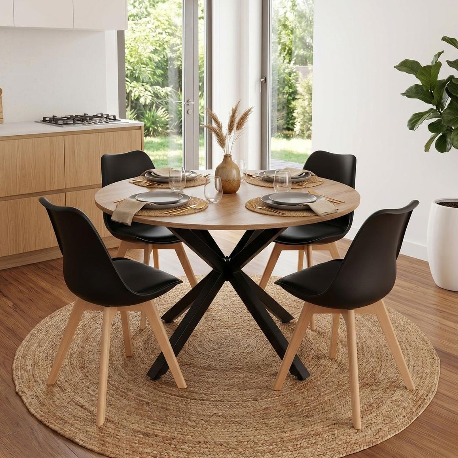 Comedor Mesa Redonda Equiz 100cm Madera | Base X Negro + 4 Sillas Tulip Negro-2