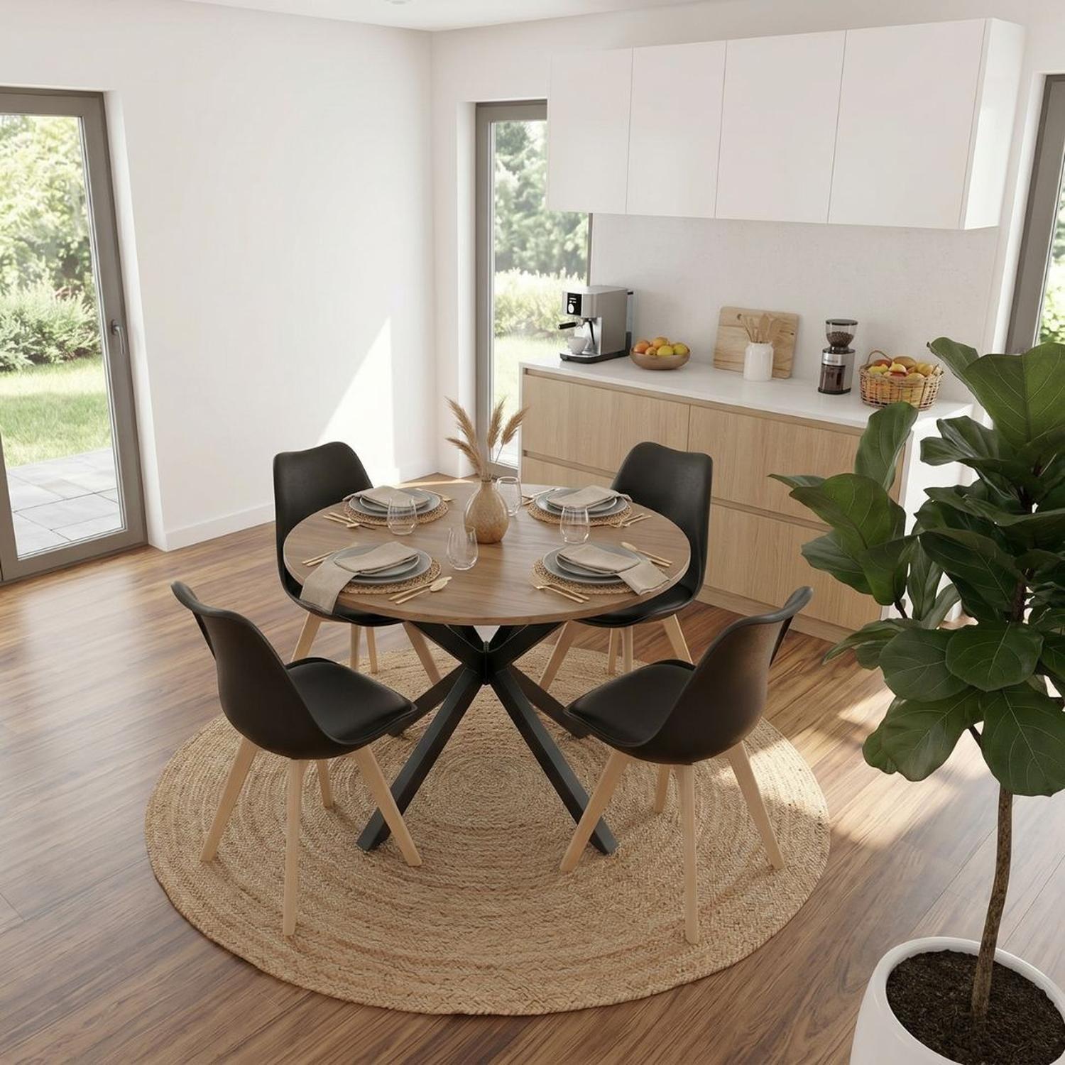 Comedor Mesa Redonda Equiz 100cm Madera | Base X Negro + 4 Sillas Tulip Negro-3