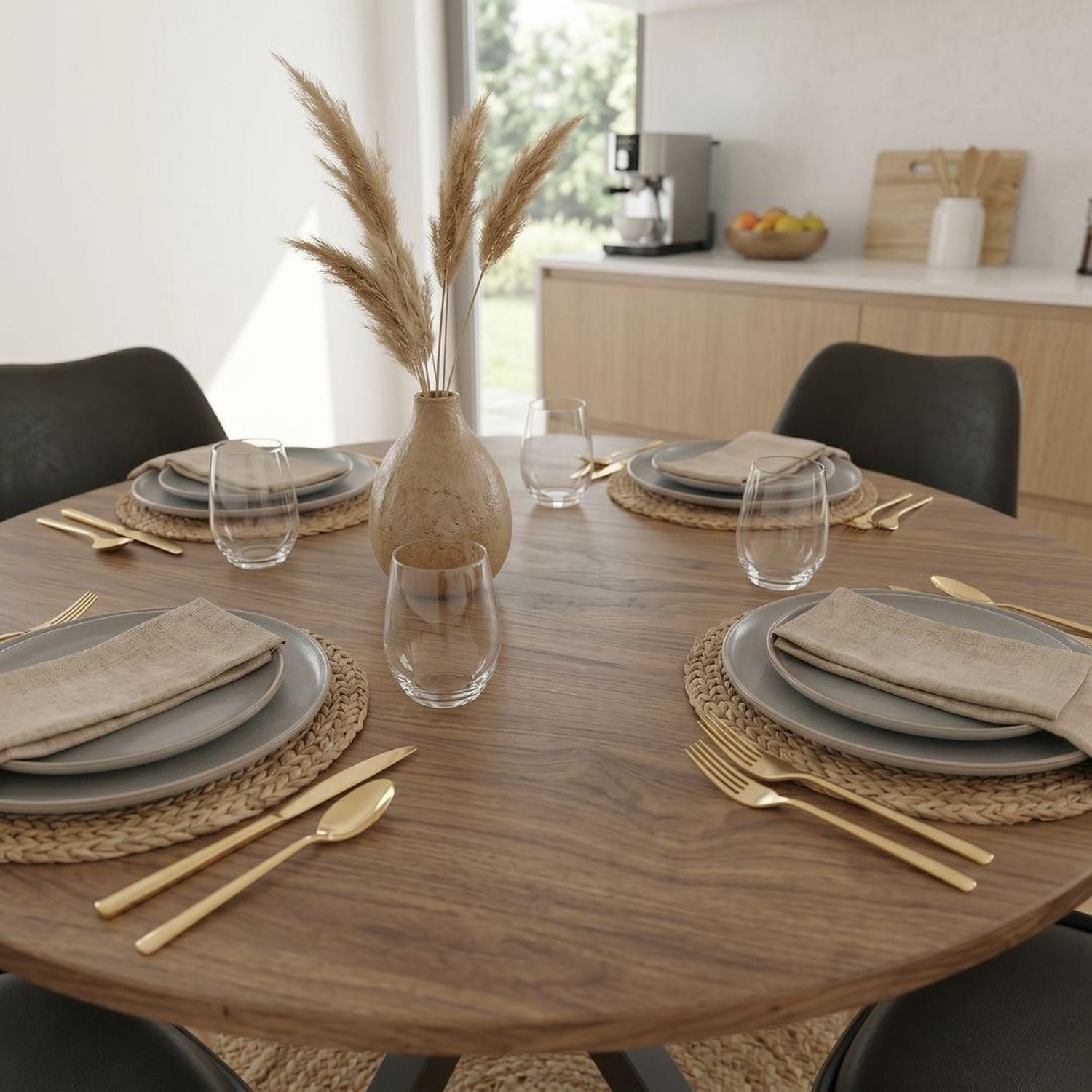 Comedor Mesa Redonda Equiz 100cm Madera | Base X Negro + 4 Sillas Tulip Negro-4