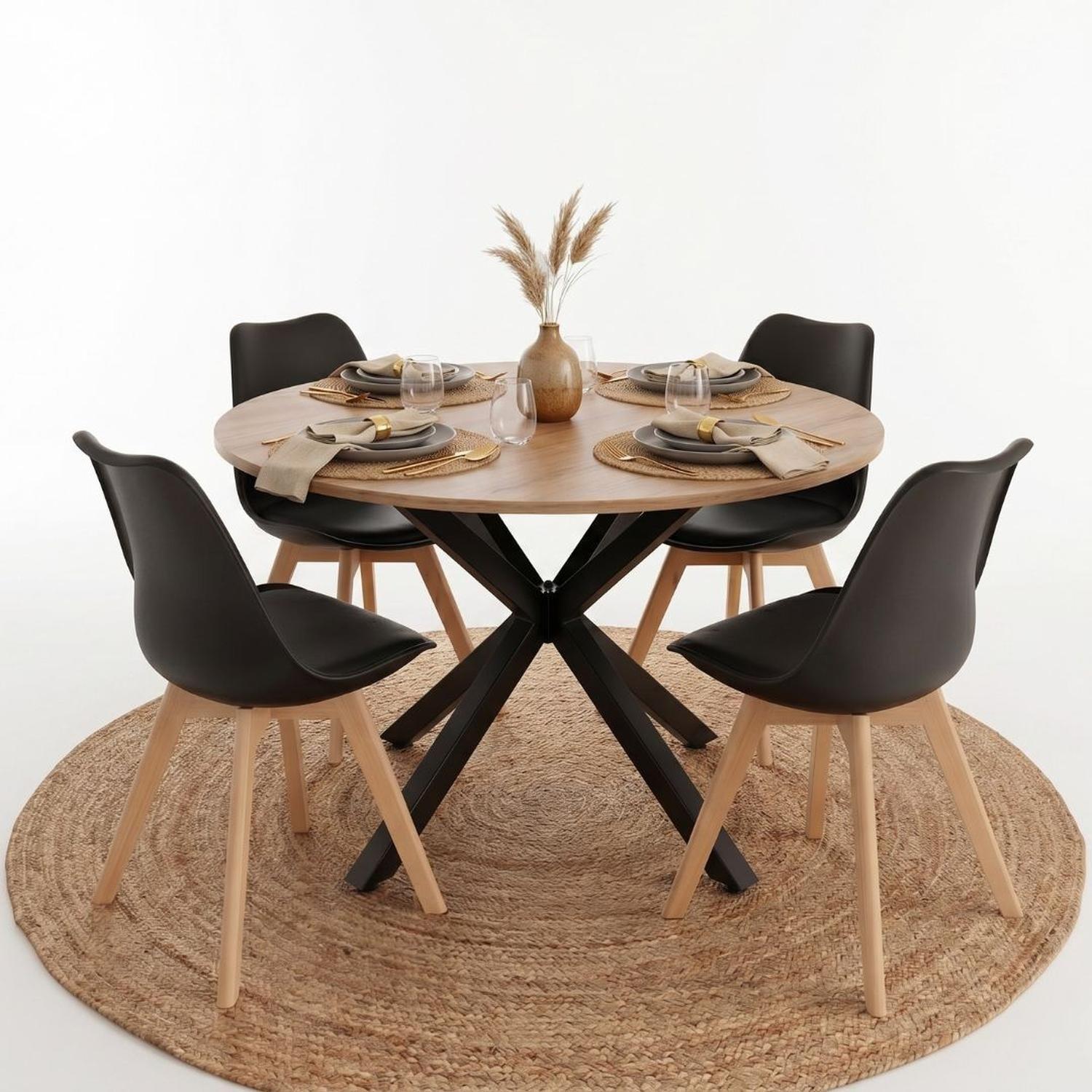 Comedor Mesa Redonda Equiz 100cm Madera | Base X Negro + 4 Sillas Tulip Negro-5