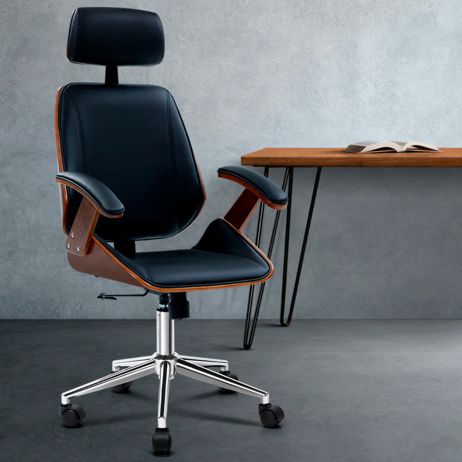 Silla Ejecutiva Ergo | Cuero Negro | Apoyabrazos de Madera y Reposacabezas Ajustable-2