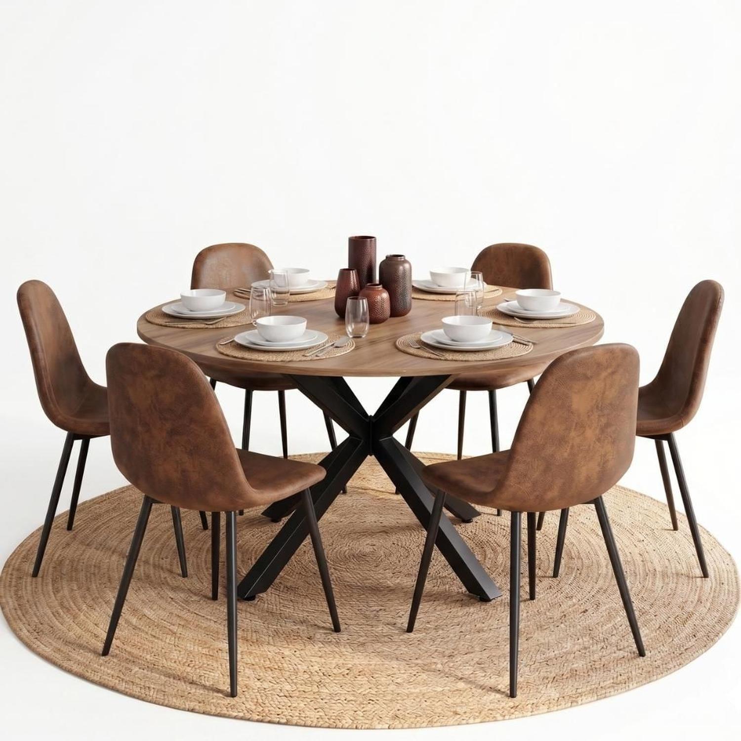 Comedor Mesa Redonda Equiz 120cm Madera | Base X Negro + 6 Sillas Isidora-5