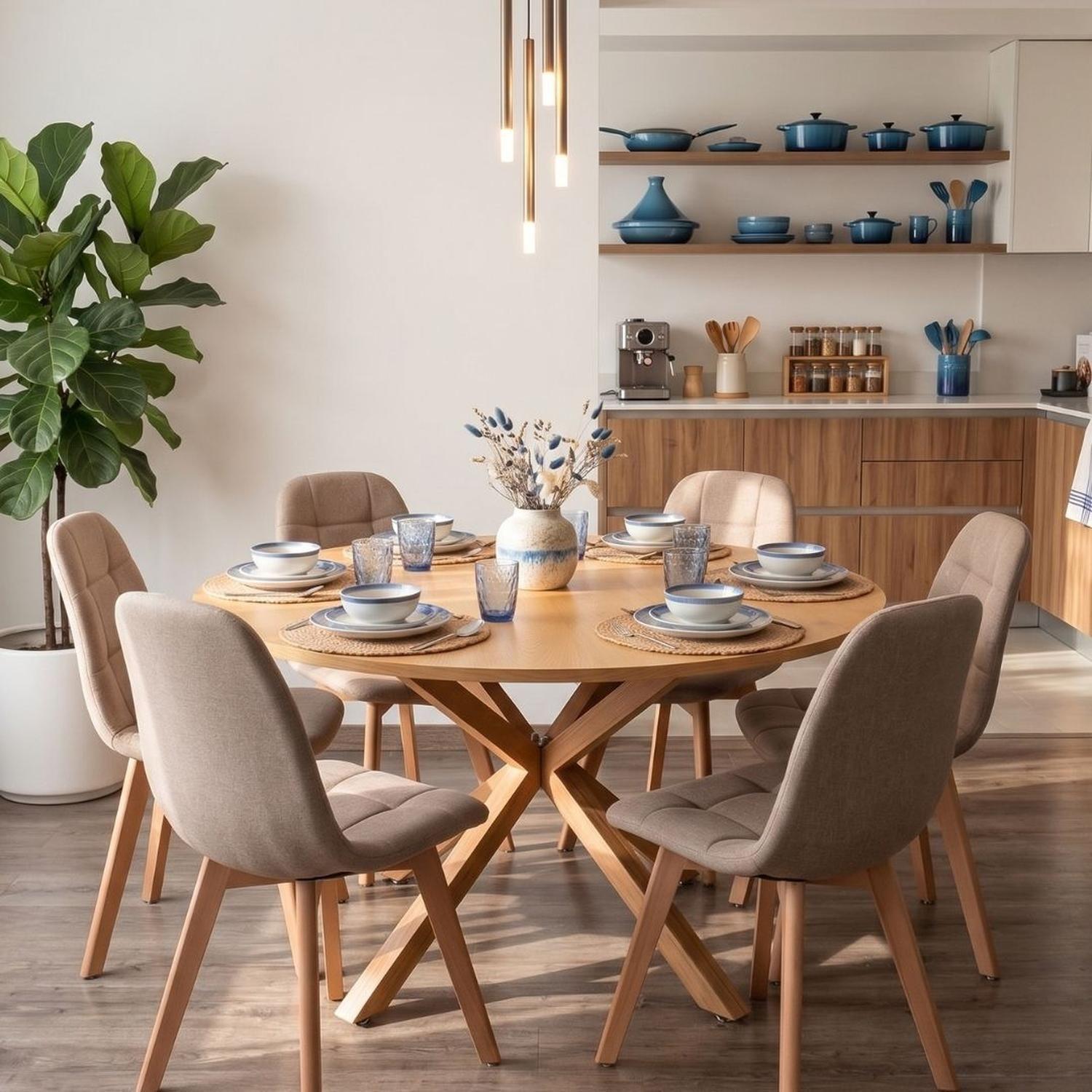 Comedor Mesa Redonda Equiz Wood 120cm + 6 Sillas Vorak Lino Beige-1