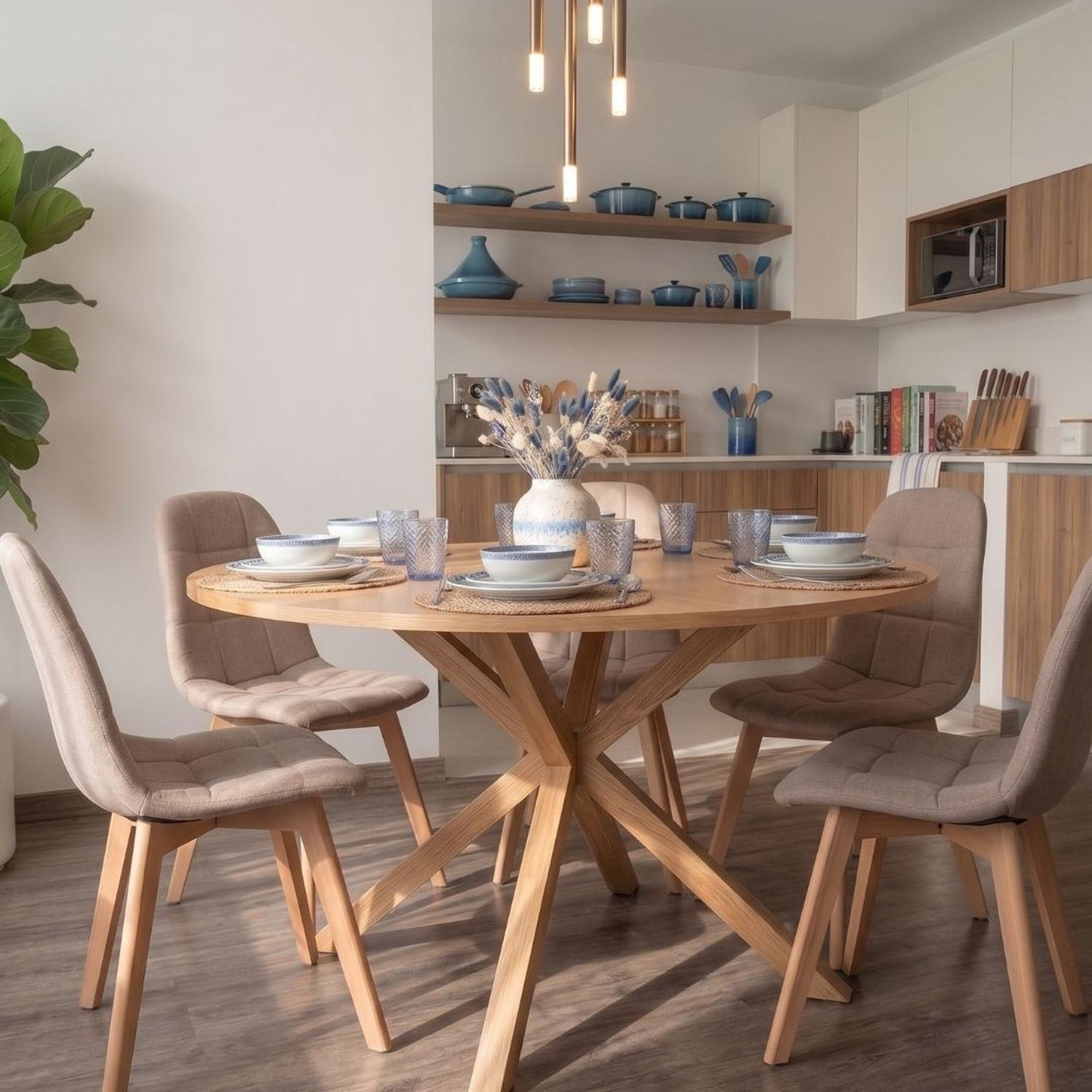 Comedor Mesa Redonda Equiz Wood 120cm + 6 Sillas Vorak Lino Beige-2
