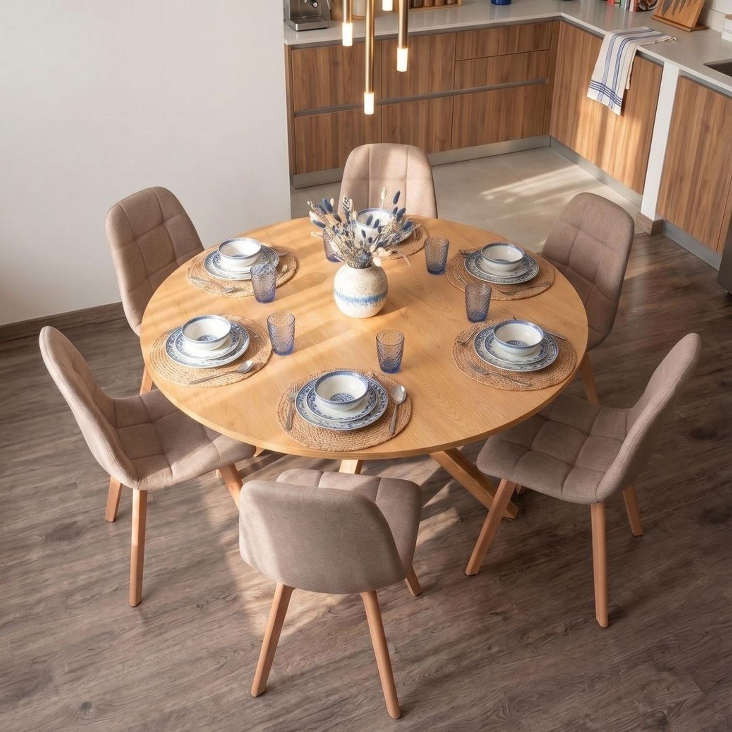 Comedor Mesa Redonda Equiz Wood 120cm + 6 Sillas Vorak Lino Beige-3