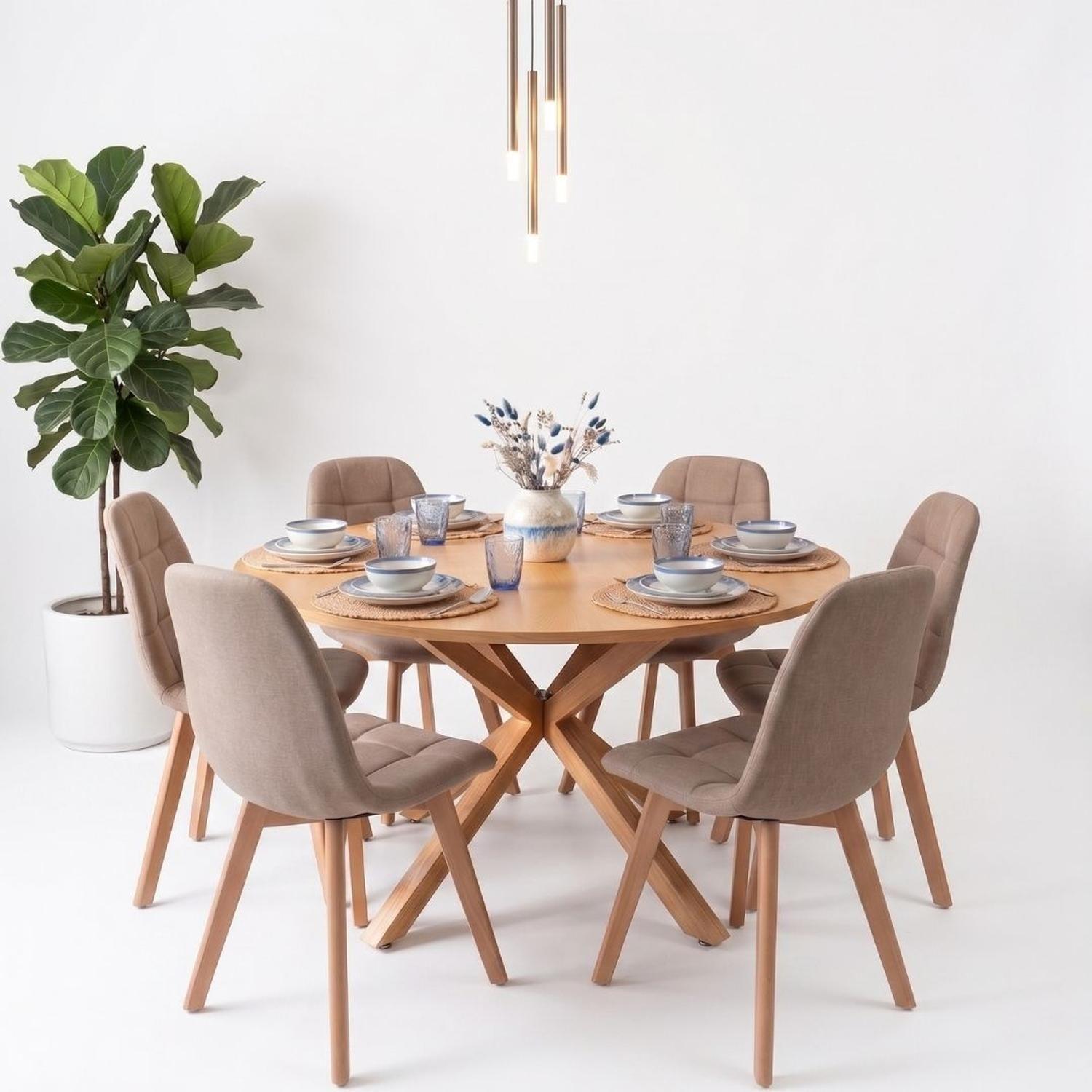 Comedor Mesa Redonda Equiz Wood 120cm + 6 Sillas Vorak Lino Beige-4